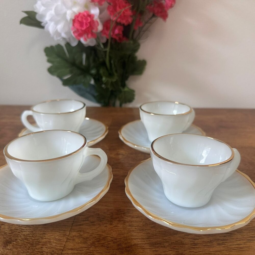 Vintage Fire-King Gold Trim Milk Glass Tea Cups and Saucers Set Anchor Hocking